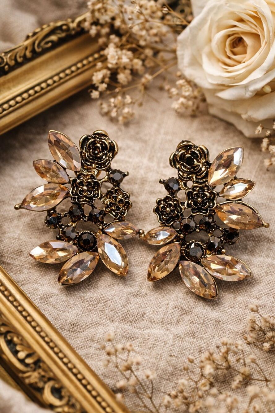Vintage Champagne Crystal Floral Statement Earrings Gold Tone Romantic Glam 1980